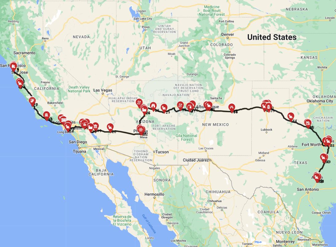 Map for San Francisco to Austin - Including Road No 1